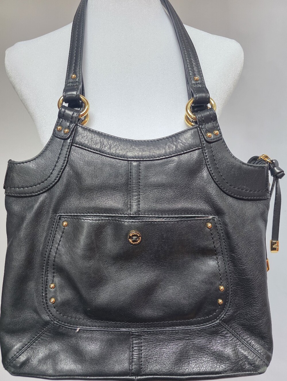Stone Mountain Black Shoulder Bag Gold Tone Hardware Zip Top Handbag